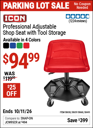 Harbor Freight Coupons, HF Coupons, 20% off - ICON Professional Adjustable Shop Seat with Tool Storage 