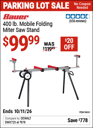 Harbor Freight Coupons, HF Coupons, 20% off - BAUER 400 lb. Mobile Folding Miter Saw Stand for $99.99