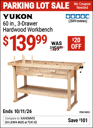 Harbor Freight Coupons, HF Coupons, 20% off - YUKON 60 in. 3-Drawer Hardwood Workbench for $139.99