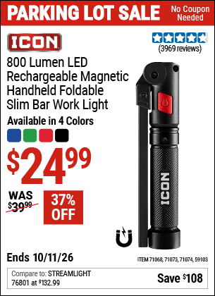 Harbor Freight Coupons, HF Coupons, 20% off - ICON 800 Lumen Rechargeable Slim Bar LED Light for $24.99