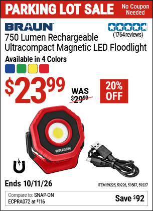 Harbor Freight Coupons, HF Coupons, 20% off - BRAUN 750 Lumen LED Ultracompact Magnetic Rechargeable Floodlight, Blue for $23.99