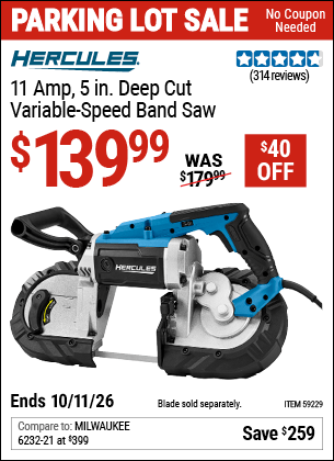 Harbor Freight Coupons, HF Coupons, 20% off - HERCULES 11 Amp, 5 in. Deep Cut Variable-Speed Band Saw for $129.99
