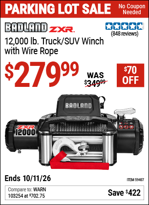 Harbor Freight Coupons, HF Coupons, 20% off - BADLAND ZXR 12 -000 lb. Truck/SUV Winch with Wire Rope 