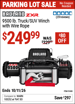 Harbor Freight Coupons, HF Coupons, 20% off - BADLAND ZXR 9500 lb. Truck/SUV Winch with Wire Rope 