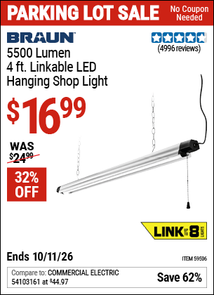 Harbor Freight Coupons, HF Coupons, 20% off - BRAUN 5500 Lumen 4 ft. Linkable LED Hanging Shop Light 