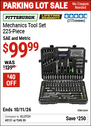 Harbor Freight Coupons, HF Coupons, 20% off - 225 Piece Mechanic's Tool Kit