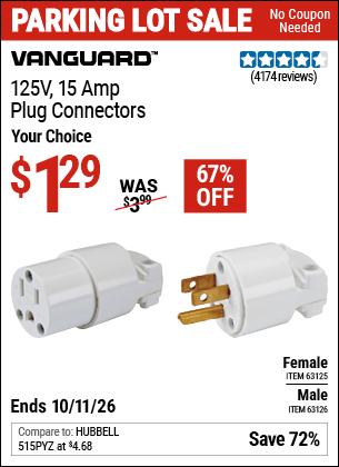 Harbor Freight Coupons, HF Coupons, 20% off - 125 Volt, 15 Amp Male Or Female Connector