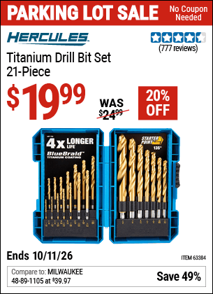 Harbor Freight Coupons, HF Coupons, 20% off - Hercules 21 Piece Titanium Drill Bit Set
