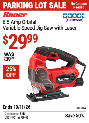 Harbor Freight Coupons, HF Coupons, 20% off - Bauer 6.5 Amp Heavy Duty Tool-free Variable Speed Orbital Jig Saw