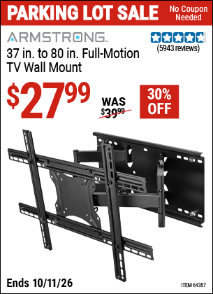 Harbor Freight Coupons, HF Coupons, 20% off - ARMSTRONG 37 in. to 80 in. Full-Motion TV Wall Mount for $39.99