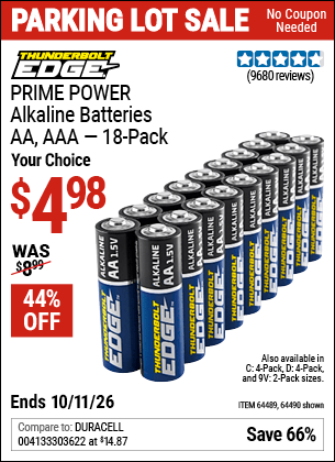 Harbor Freight Coupons, HF Coupons, 20% off - Thunderbolt Edge Alkaline Plus Batteries, Aa, Aaa - 18pk