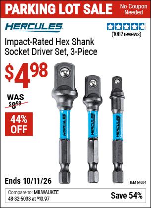 Harbor Freight Coupons, HF Coupons, 20% off - Hercules 3 Piece Impact Rated Hex Drill Socket Driver Set