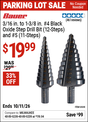 Harbor Freight Coupons, HF Coupons, 20% off - 2 Piece Black Oxide Coated M2 Steel High Speed Step Bits