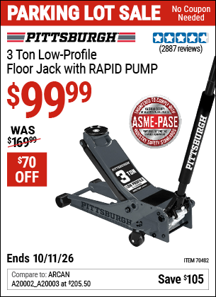 Harbor Freight Coupons, HF Coupons, 20% off - PITTSBURGH 3-Ton Low-Profile Floor Jack with RAPID PUMP 