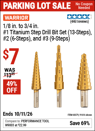 Harbor Freight Coupons, HF Coupons, 20% off - 3 Piece Titanium High Speed Steel Step Bits