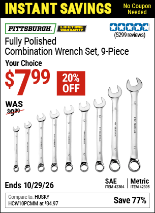 Harbor Freight Coupons, HF Coupons, 20% off - 9 Piece Fully Polished Combination Wrench Sets