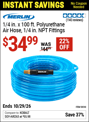 Harbor Freight Coupons, HF Coupons, 20% off - MERLIN 1/4 in. x 100 ft. Polyurethane Air Hose 