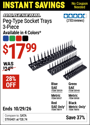 Harbor Freight Coupons, HF Coupons, 20% off - U.S. GENERAL Peg-Type Socket Tray, 3 Pc. for $14.99