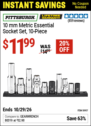 Harbor Freight Coupons, HF Coupons, 20% off - PITTSBURGH 10mm Metric Essential Socket Set for $9.99
