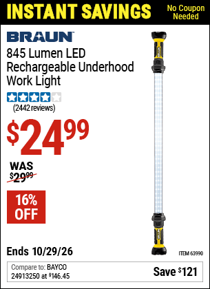 Harbor Freight Coupons, HF Coupons, 20% off - 845 Lumen Underhood Rechargeable Work Light