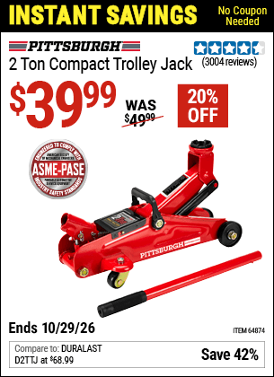 Harbor Freight Coupons, HF Coupons, 20% off - PITTSBURGH AUTOMOTIVE 2 ton Compact Trolley Jack for $24.99