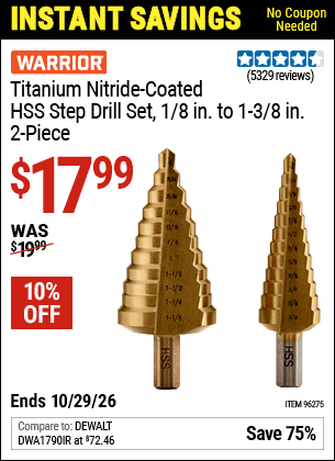 Harbor Freight Coupons, HF Coupons, 20% off - 2 Piece Titanium Nitride Coated High Speed Steel Step Drill Bits