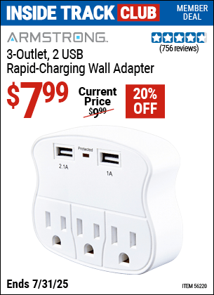 Harbor Freight Coupons, HF Coupons, 20% off - 3 Outlet 2 Usb Wall Adapter