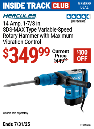 Harbor Freight Coupons, HF Coupons, 20% off - HERCULES 14 Amp 1-7/8 in. SDS Max-Type Variable Speed Rotary Hammer for $349.99
