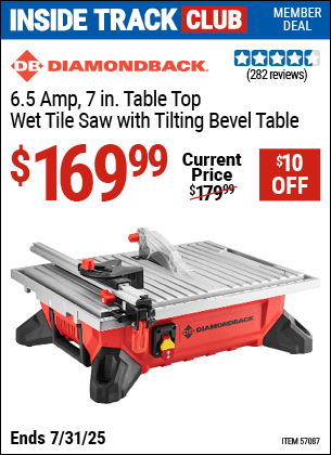 Harbor Freight Coupons, HF Coupons, 20% off - DIAMONDBACK 6.5 Amp 7 in. Table Top Wet Tile Saw with Tilting Bevel Table 