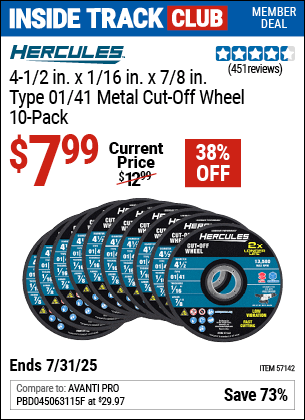 Harbor Freight Coupons, HF Coupons, 20% off - 4-1/2 in. x 1/16 in. x 7/8 in. Type 01/41 Metal Cut-off Wheel 10 Pk.