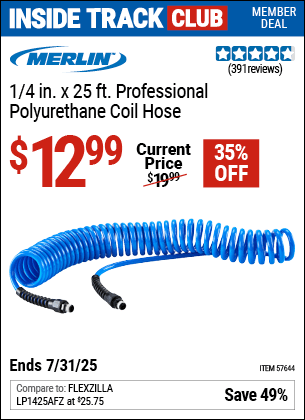 Harbor Freight Coupons, HF Coupons, 20% off - MERLIN 1/4 in. X 25 ft. Professional Polyurethane Coil Hose for $11.99
