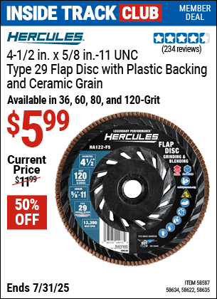 Harbor Freight Coupons, HF Coupons, 20% off - HERCULES 4-1/2 in. x 7/8 in. Type 29 Flap Disc with Plastic Backing and Ceramic Grain for $5.99
