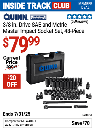 Harbor Freight Coupons, HF Coupons, 20% off - QUINN 3/8 in. Drive SAE & Metric Master Impact Socket Set, 48 Piece for $79.99