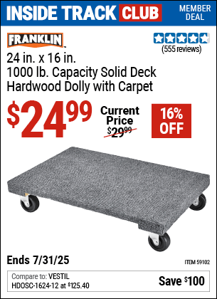 Harbor Freight Coupons, HF Coupons, 20% off - FRANKLIN 24 in. x 16 in. 1000 lb. Capacity Solid Deck Hardwood Dolly with Carpet 