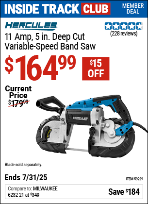 Harbor Freight Coupons, HF Coupons, 20% off - HERCULES 11 Amp, 5 in. Deep Cut Variable-Speed Band Saw for $129.99