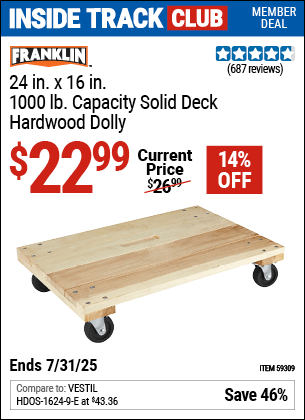 Harbor Freight Coupons, HF Coupons, 20% off - FRANKLIN 24 in. x 16 in. 1000 lb. Capacity Solid Deck Hardwood Dolly 