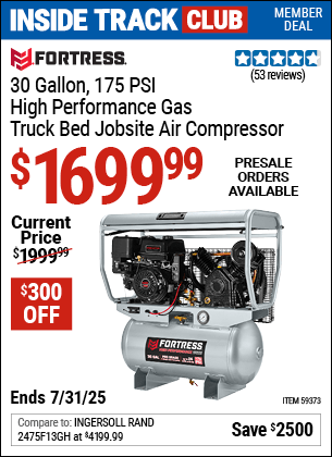 Harbor Freight Coupons, HF Coupons, 20% off - FORTRESS 30 Gallon, 175 PSI High Performance Gas Truck Bed Jobsite Air Compressor for $1699.99