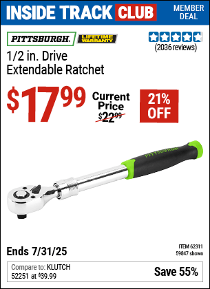 Harbor Freight Coupons, HF Coupons, 20% off - PITTSBURGH 1/2 in. Drive Extendable Ratchet for $14.99