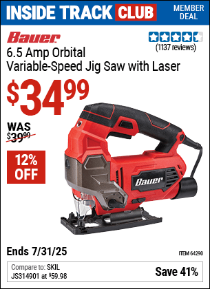 Harbor Freight Coupons, HF Coupons, 20% off - Bauer 6.5 Amp Heavy Duty Tool-free Variable Speed Orbital Jig Saw
