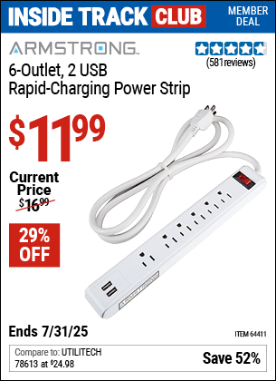 Harbor Freight Coupons, HF Coupons, 20% off - 6 Outlet Power Strip With 2 Usb Ports