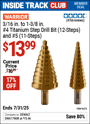 Harbor Freight Coupons, HF Coupons, 20% off - 2 Piece Titanium Nitride Coated High Speed Steel Step Drill Bits