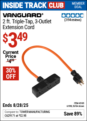 Harbor Freight Coupons, HF Coupons, 20% off - Vanguard 2 ft. Triple Tap 3-Outlet Extension Cord for $3.99
