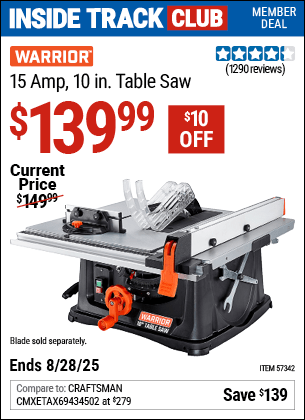 Harbor Freight Coupons, HF Coupons, 20% off - WARRIOR 10 in. 15 Amp Table Saw 