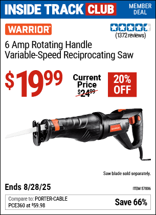 Harbor Freight Coupons, HF Coupons, 20% off - WARRIOR 6 Amp Rotating Handle Variable Speed Reciprocating Saw 