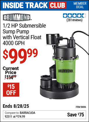Harbor Freight Coupons, HF Coupons, 20% off - DRUMMOND 1/2 HP Submersible Sump Pump with Vertical Float for $99.99