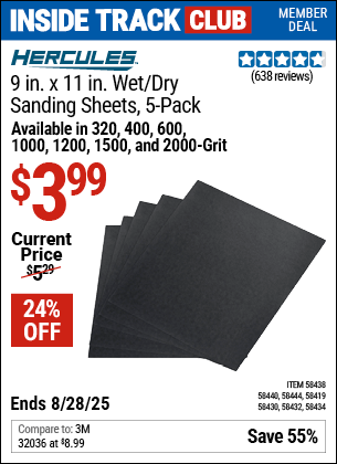 Harbor Freight Coupons, HF Coupons, 20% off - HERCULES 9 in. x 11 in. 1000 Grit Wet/Dry Sanding Sheets with Aluminum oxide Grain, 5-Pack for $2.99