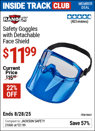 Harbor Freight Coupons, HF Coupons, 20% off - RANGER Detachable Goggle Face Shield for $11.99