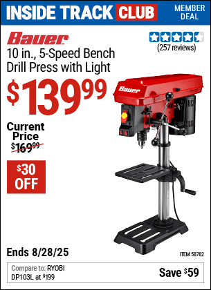 Harbor Freight Coupons, HF Coupons, 20% off - BAUER 10 in., 5-Speed Bench Drill Press with Light for $139.99