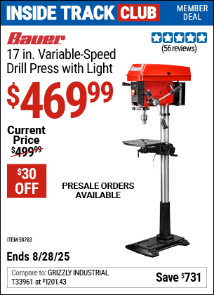Harbor Freight Coupons, HF Coupons, 20% off - BAUER 17 in. Variable-Speed Drill Press with Light 