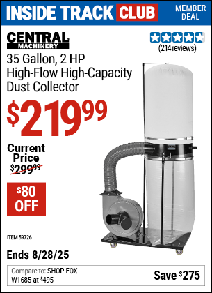 Harbor Freight Coupons, HF Coupons, 20% off - CENTRAL MACHINERY 35 Gallon, 2 HP High-Flow High-Capacity Dust Collector for $199.99